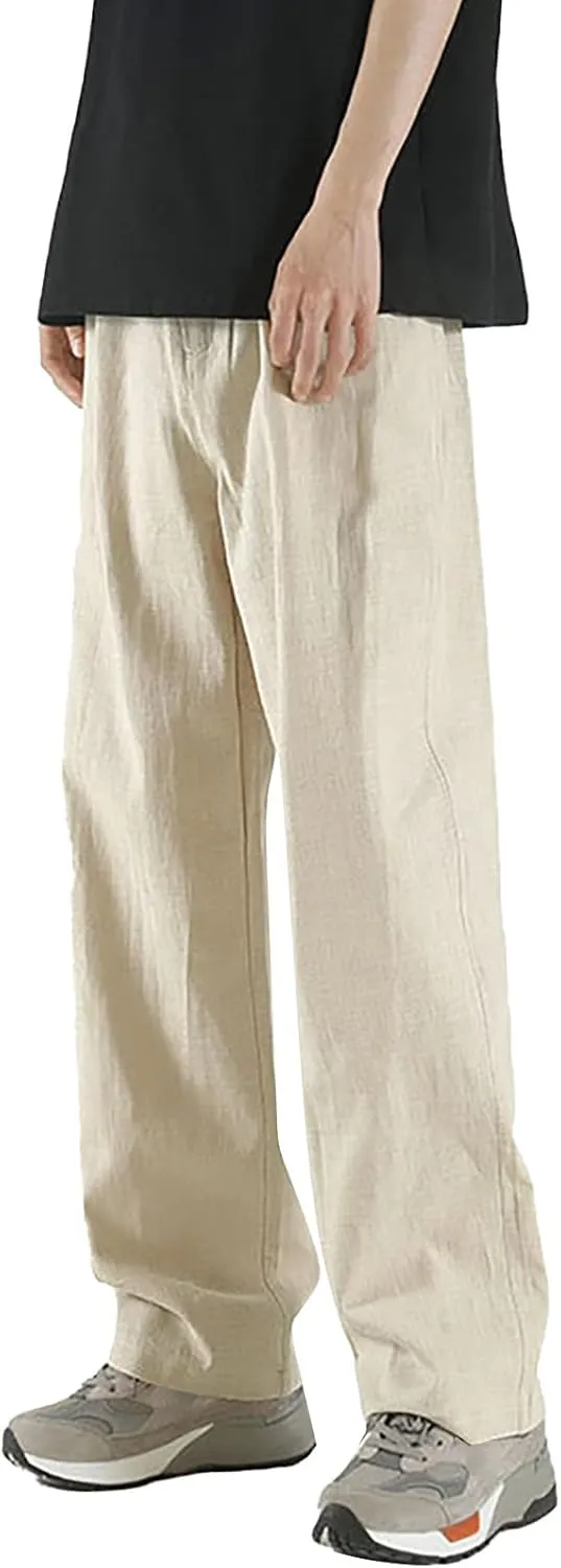 Mens Straight Leg Linen Pants Elastic Waist Drawstring Loose Summer Beach Trouser Trendy Resort Wear Comfort Lounge Pants