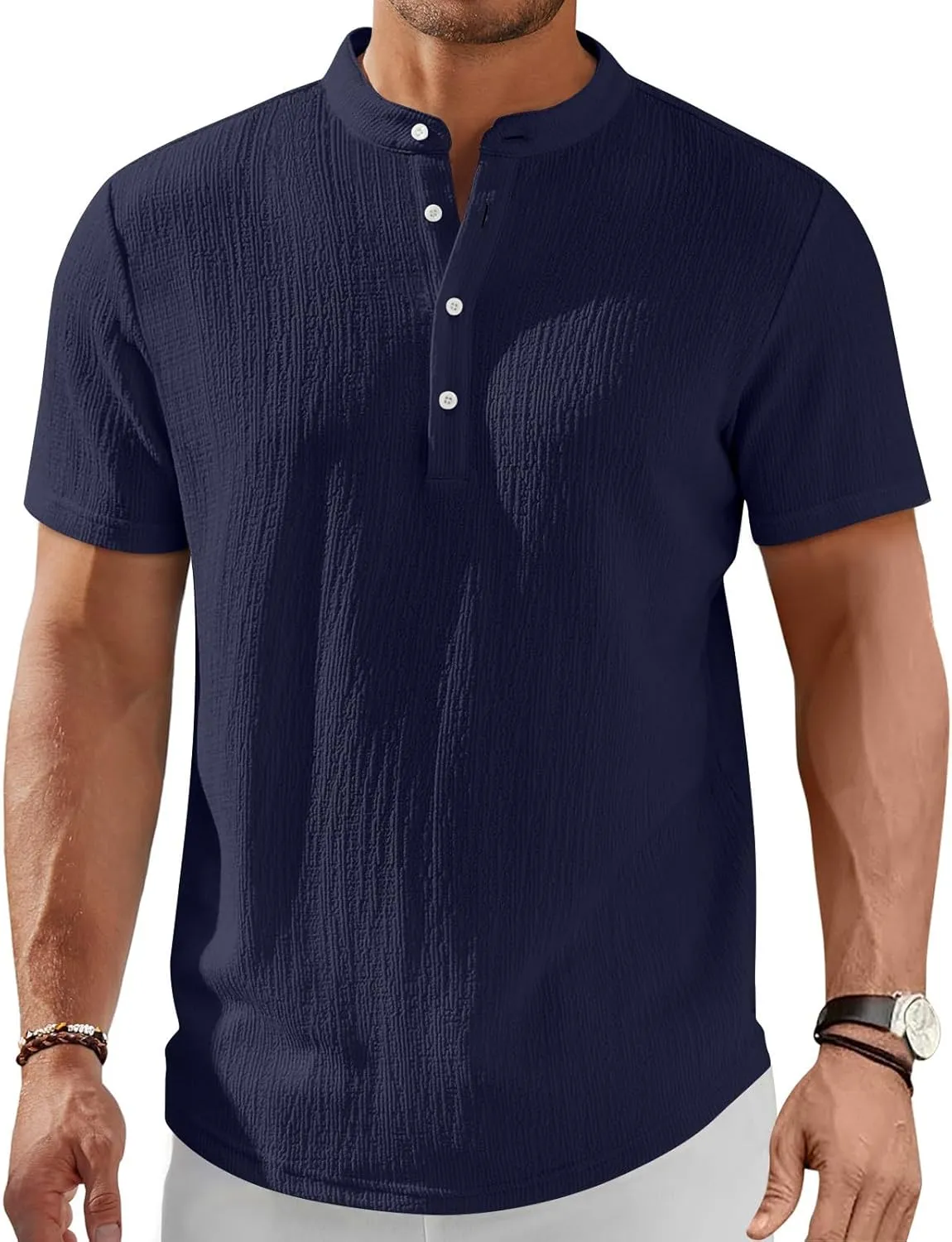 Men's Summer Lightweight Mens Linen Shirt Button Up Top Cotton Beach Tops Round Collar Summer with Pocket
