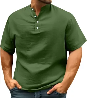 Men's Summer Lightweight Mens Linen Shirt Button Up Top Cotton Beach Tops Round Collar Summer with Pocket