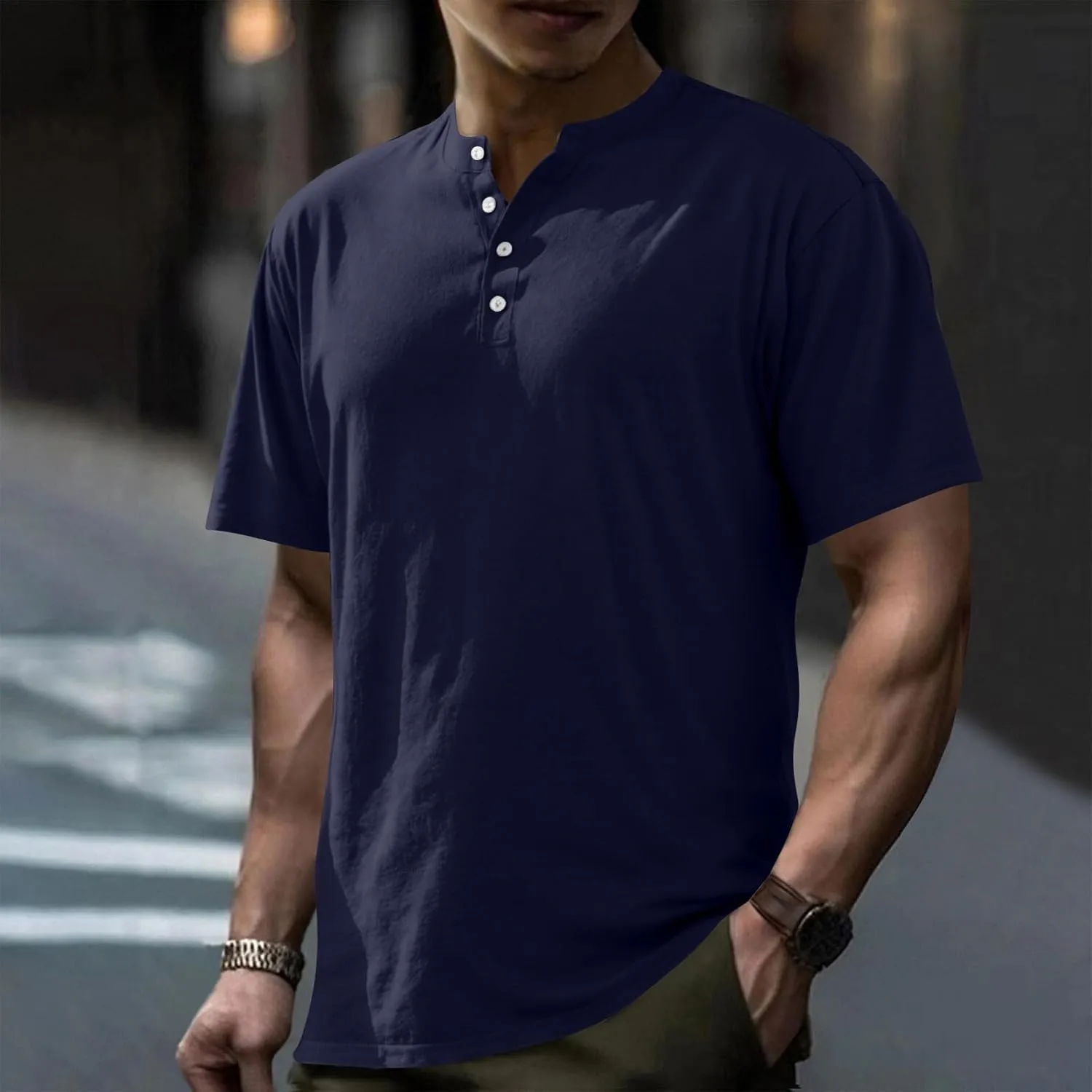 Men's Summer Lightweight Mens Linen Shirt Button Up Top Cotton Beach Tops Round Collar Summer with Pocket