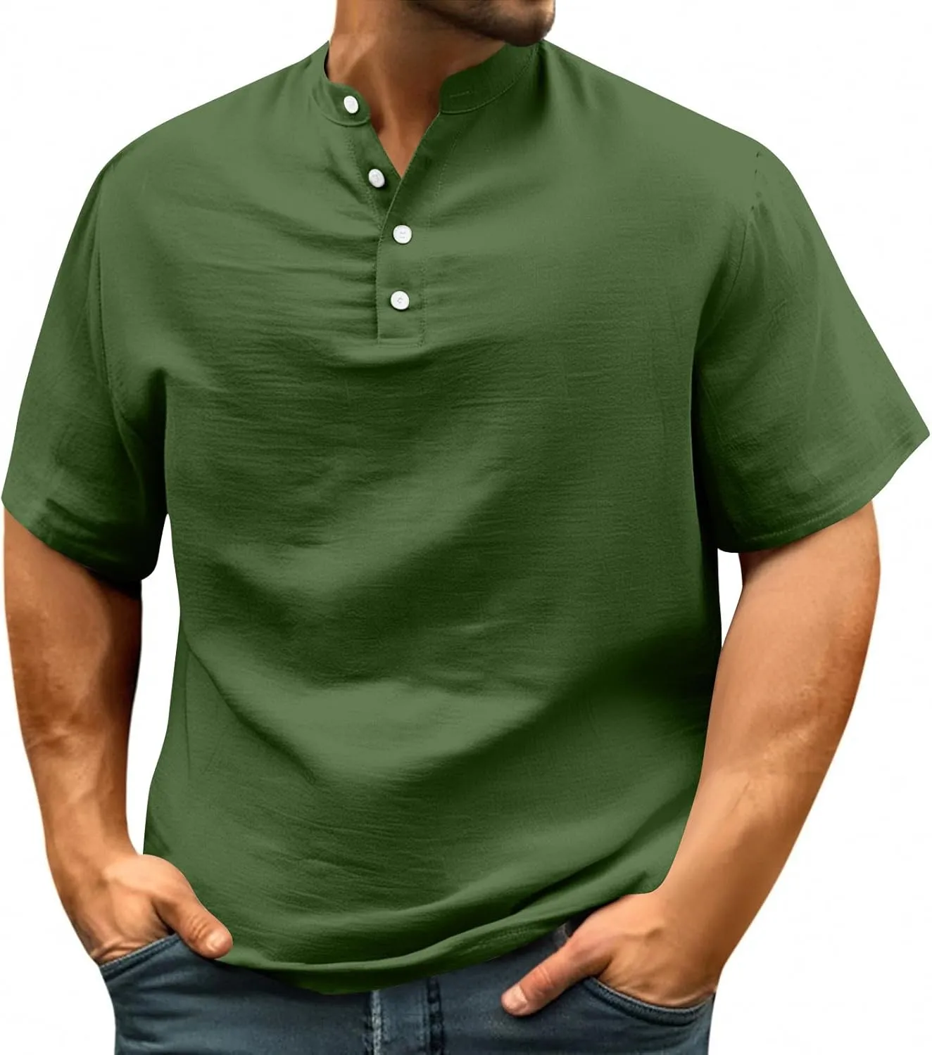 Men's Summer Lightweight Mens Linen Shirt Button Up Top Cotton Beach Tops Round Collar Summer with Pocket