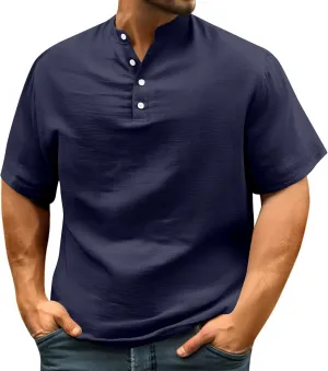 Men's Summer Lightweight Mens Linen Shirt Button Up Top Cotton Beach Tops Round Collar Summer with Pocket