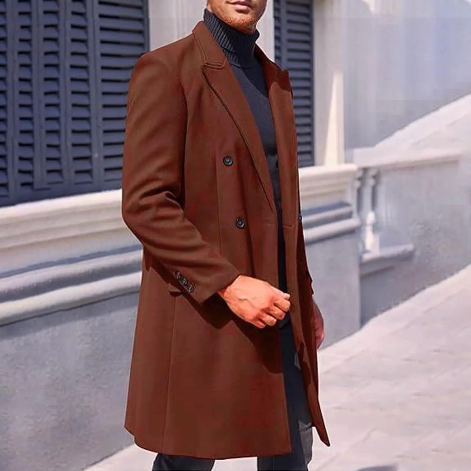 Men's Trench Coat Fashion Single Breasted Notched Lapel Long Sleeves Overcoat Mid-Length Windbreaker Jackets