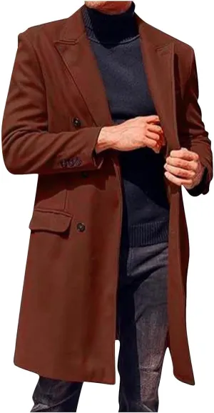 Men's Trench Coat Fashion Single Breasted Notched Lapel Long Sleeves Overcoat Mid-Length Windbreaker Jackets