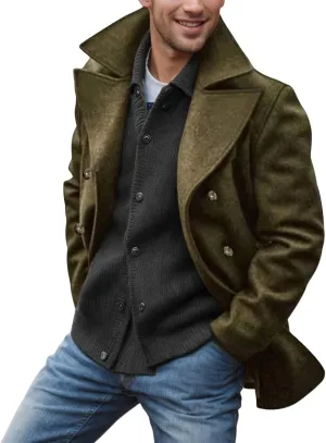 Men's Trench Coat Long Lapel Hooded Cotton Double-Breasted Casual Trench Coat Windproof Winter Jacket