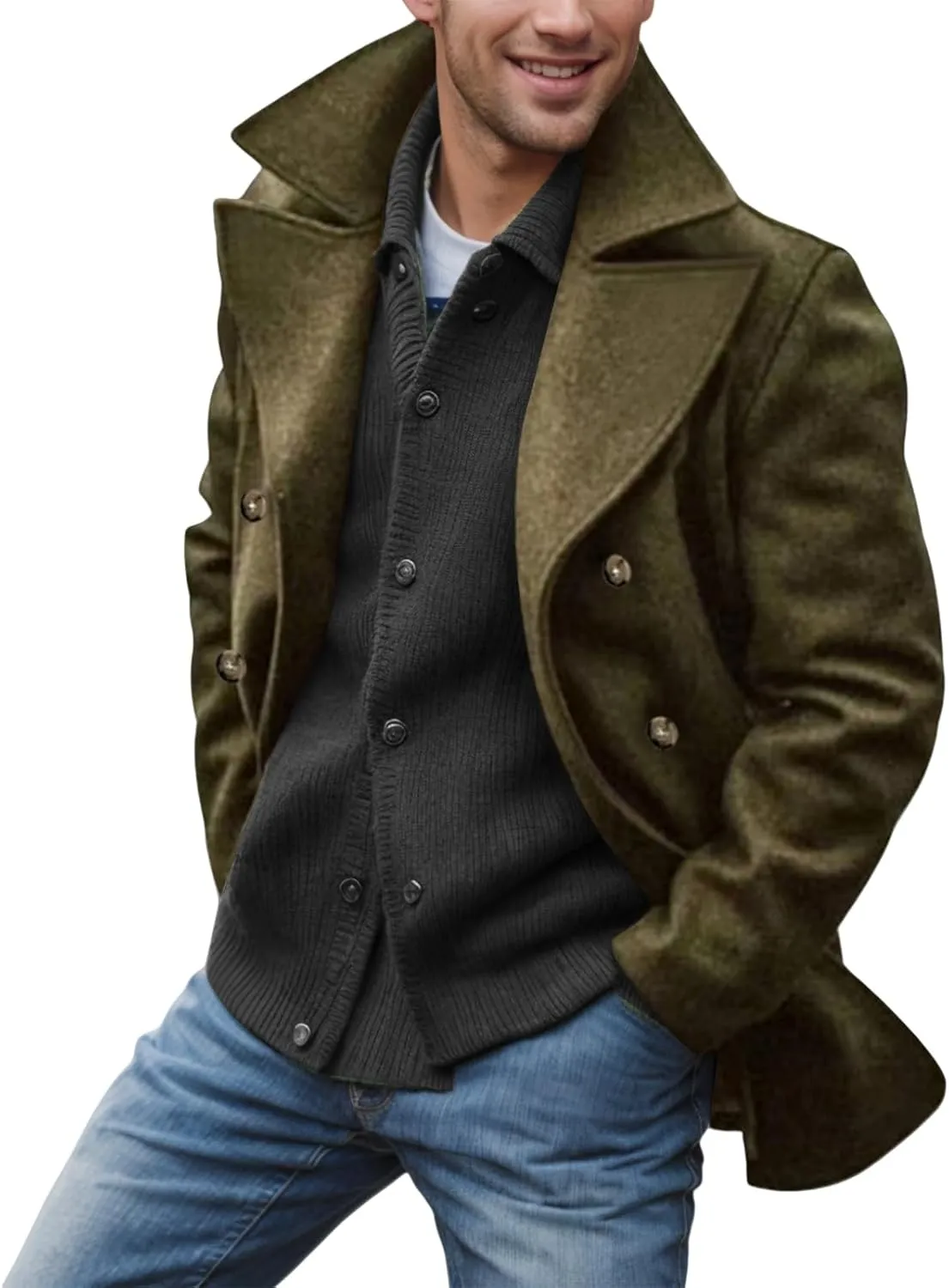 Men's Trench Coat Long Lapel Hooded Cotton Double-Breasted Casual Trench Coat Windproof Winter Jacket