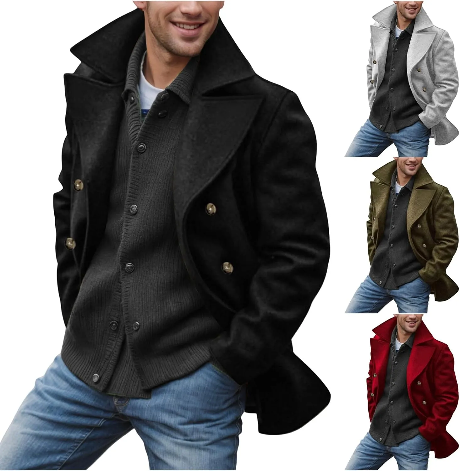 Men's Trench Coat Long Lapel Hooded Cotton Double-Breasted Casual Trench Coat Windproof Winter Jacket