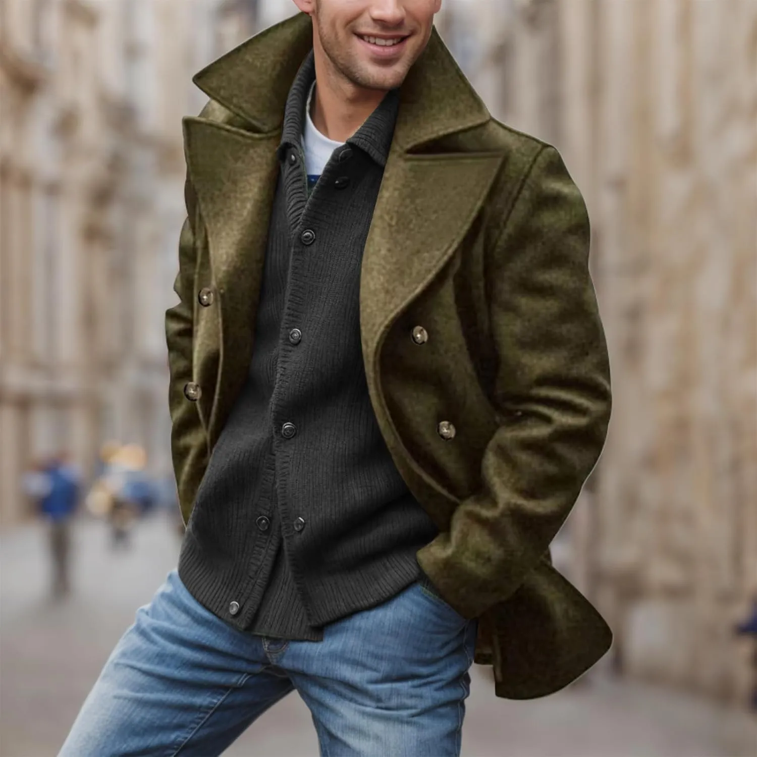 Men's Trench Coat Long Lapel Hooded Cotton Double-Breasted Casual Trench Coat Windproof Winter Jacket