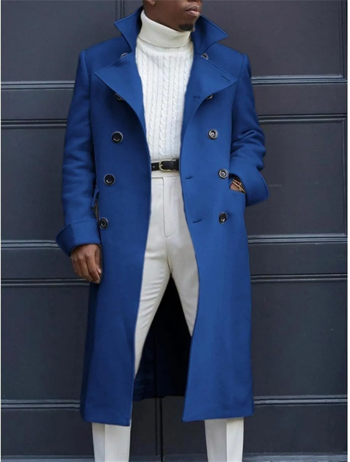 Mens Trench Coat Slim Fit Casual Double Breasted Long Pea Coat Casual Windbreaker Lapel Long Jacket Overcoat for Men
