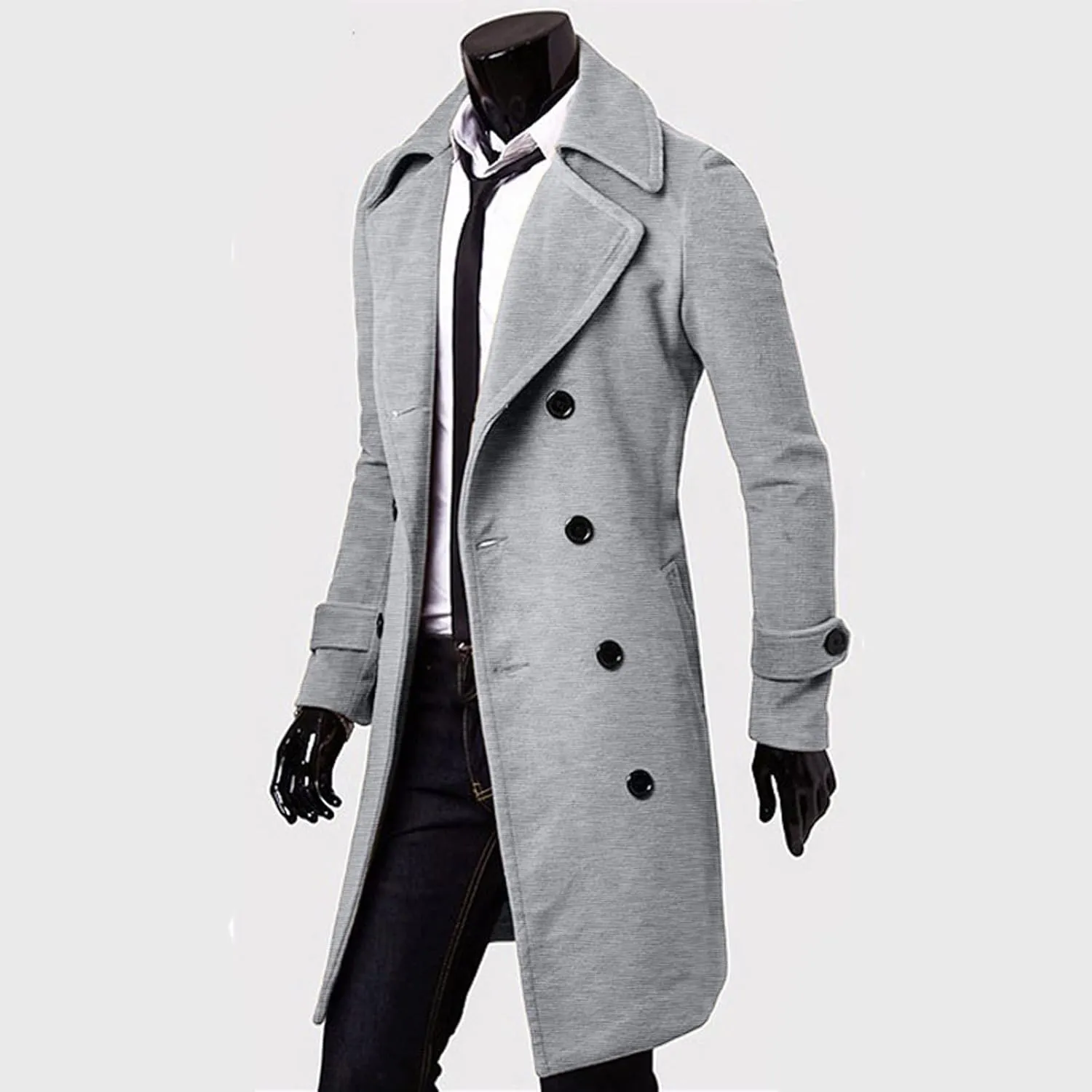 Men's Trench Coat Slim fit Double Breasted Notch Lapel Windbreaker Long Jacket Casual Winter Overcoat Pea Coat