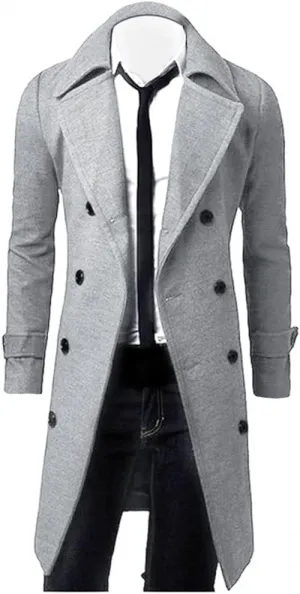 Men's Trench Coat Slim fit Double Breasted Notch Lapel Windbreaker Long Jacket Casual Winter Overcoat Pea Coat
