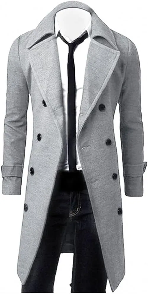 Men's Trench Coat Slim fit Double Breasted Notch Lapel Windbreaker Long Jacket Casual Winter Overcoat Pea Coat