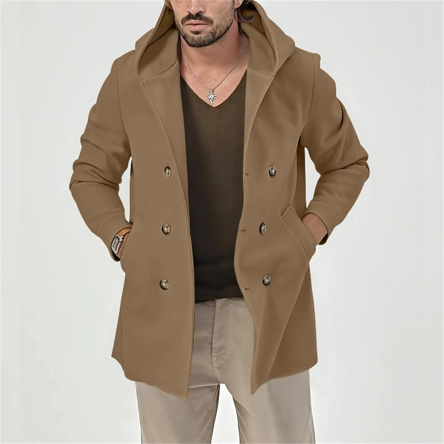 Men's Trench Coat with Hood Notch Lapel Double Breasted Fall Winter Long Jacket Casual Cotton Blend Peacoat for Men
