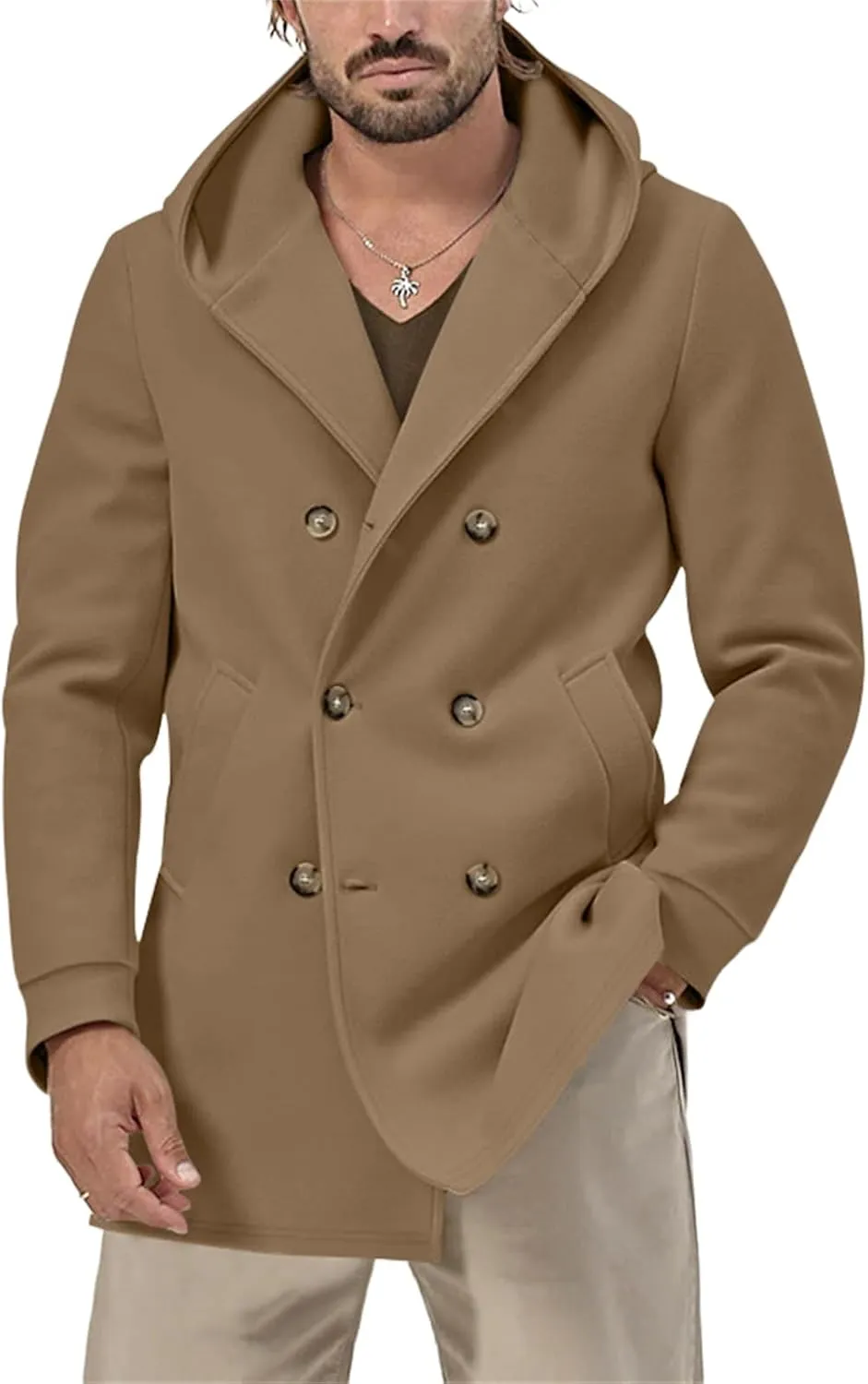 Men's Trench Coat with Hood Notch Lapel Double Breasted Fall Winter Long Jacket Casual Cotton Blend Peacoat for Men