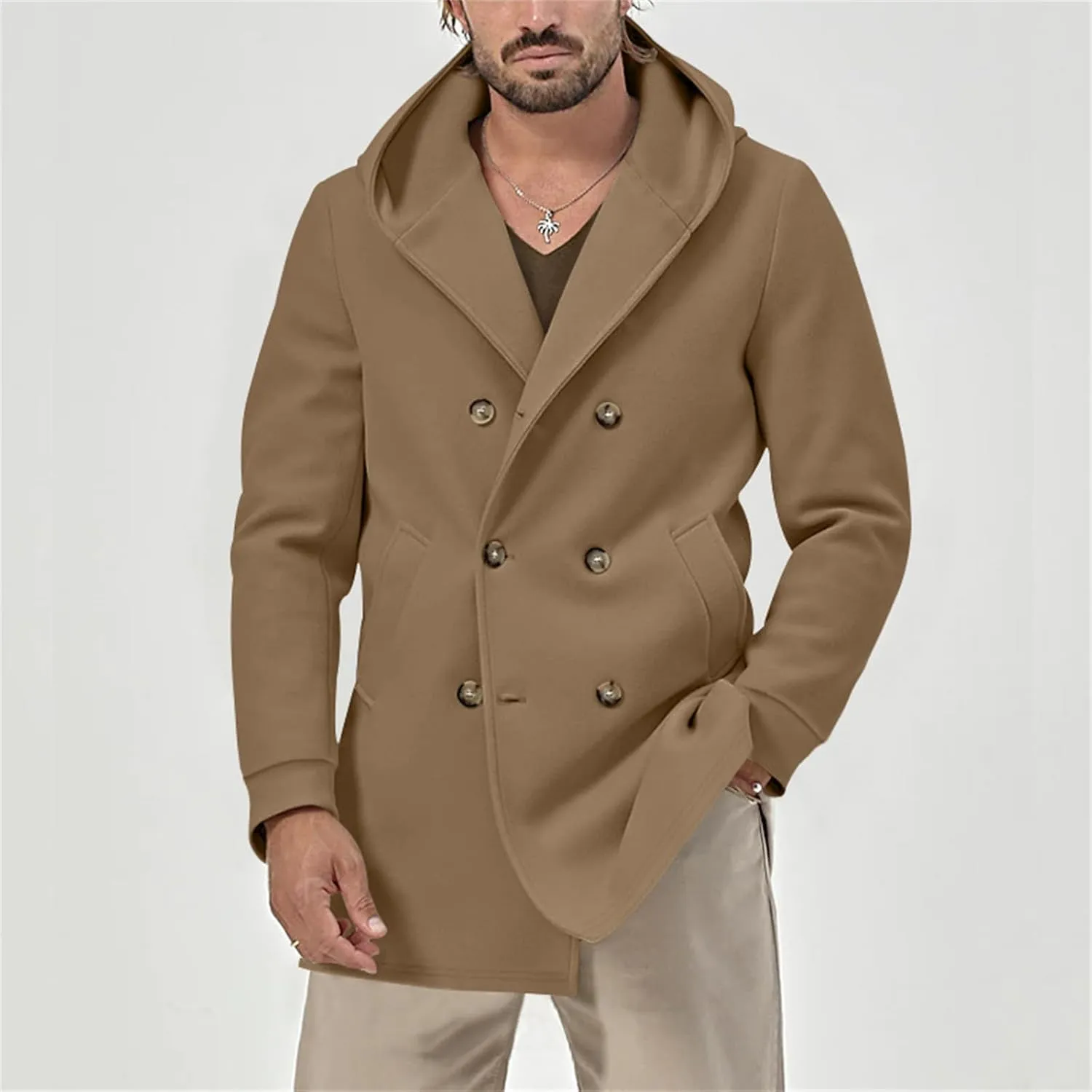 Men's Trench Coat with Hood Notch Lapel Double Breasted Fall Winter Long Jacket Casual Cotton Blend Peacoat for Men