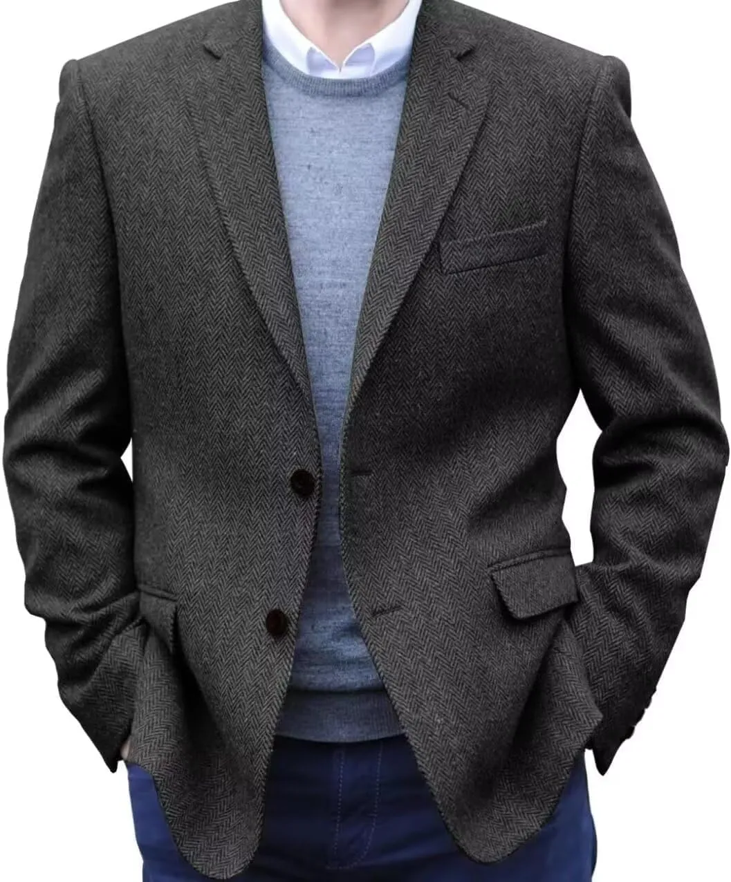 Men's Tweed Blazer Jacket 2 Button Lightweight Herringbone Casual Sport Coat Wedding Groomsmen Prom Jackets