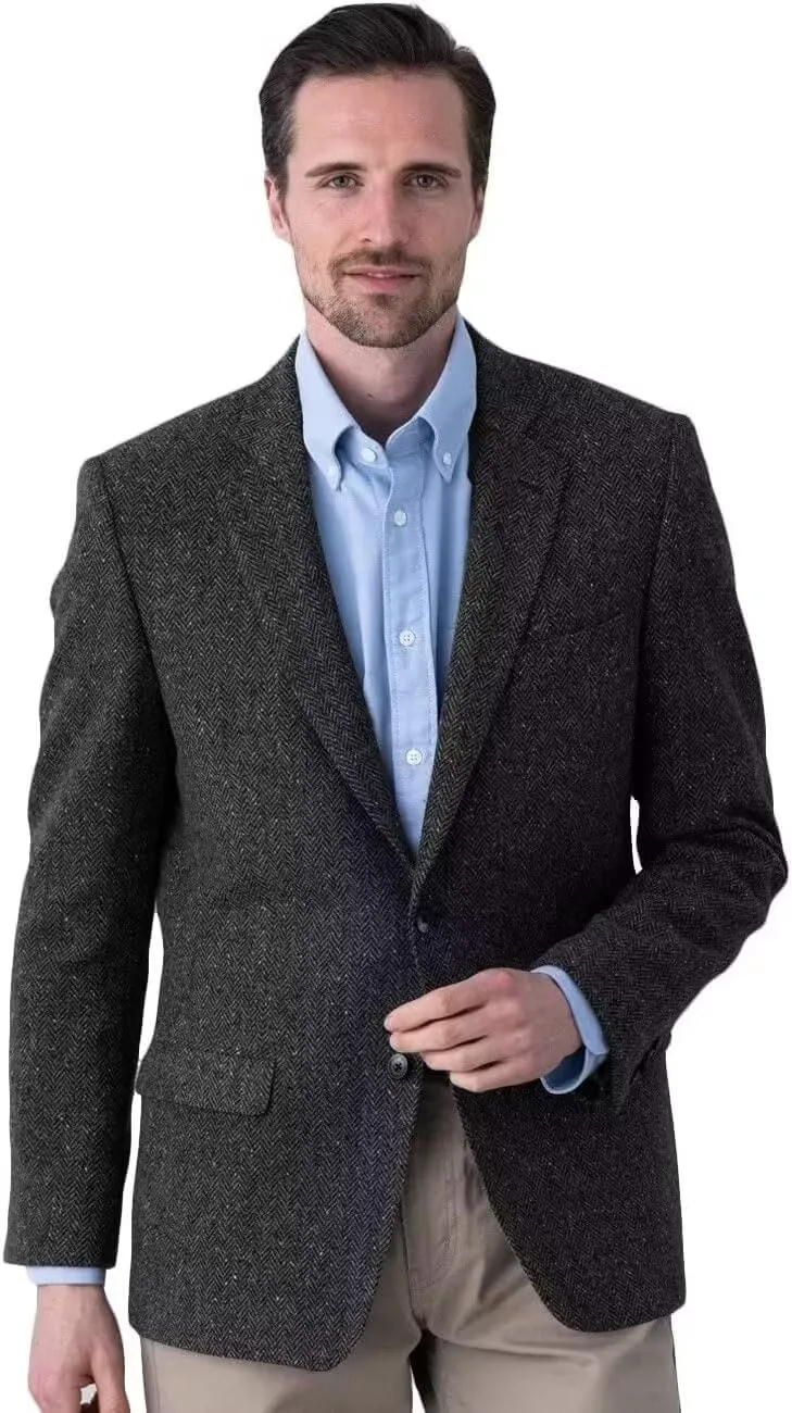 Men's Tweed Blazer Jacket 2 Button Lightweight Herringbone Casual Sport Coat Wedding Groomsmen Prom Jackets