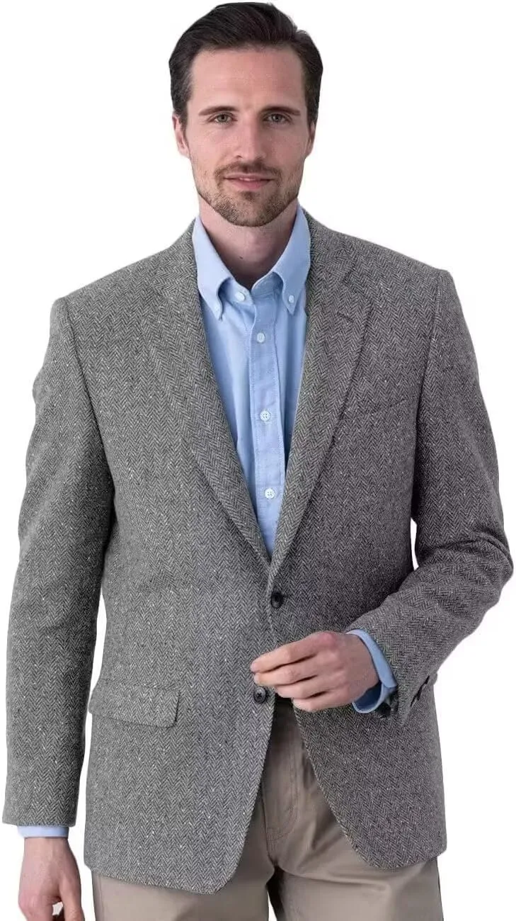 Men's Tweed Blazer Jacket 2 Button Lightweight Herringbone Casual Sport Coat Wedding Groomsmen Prom Jackets