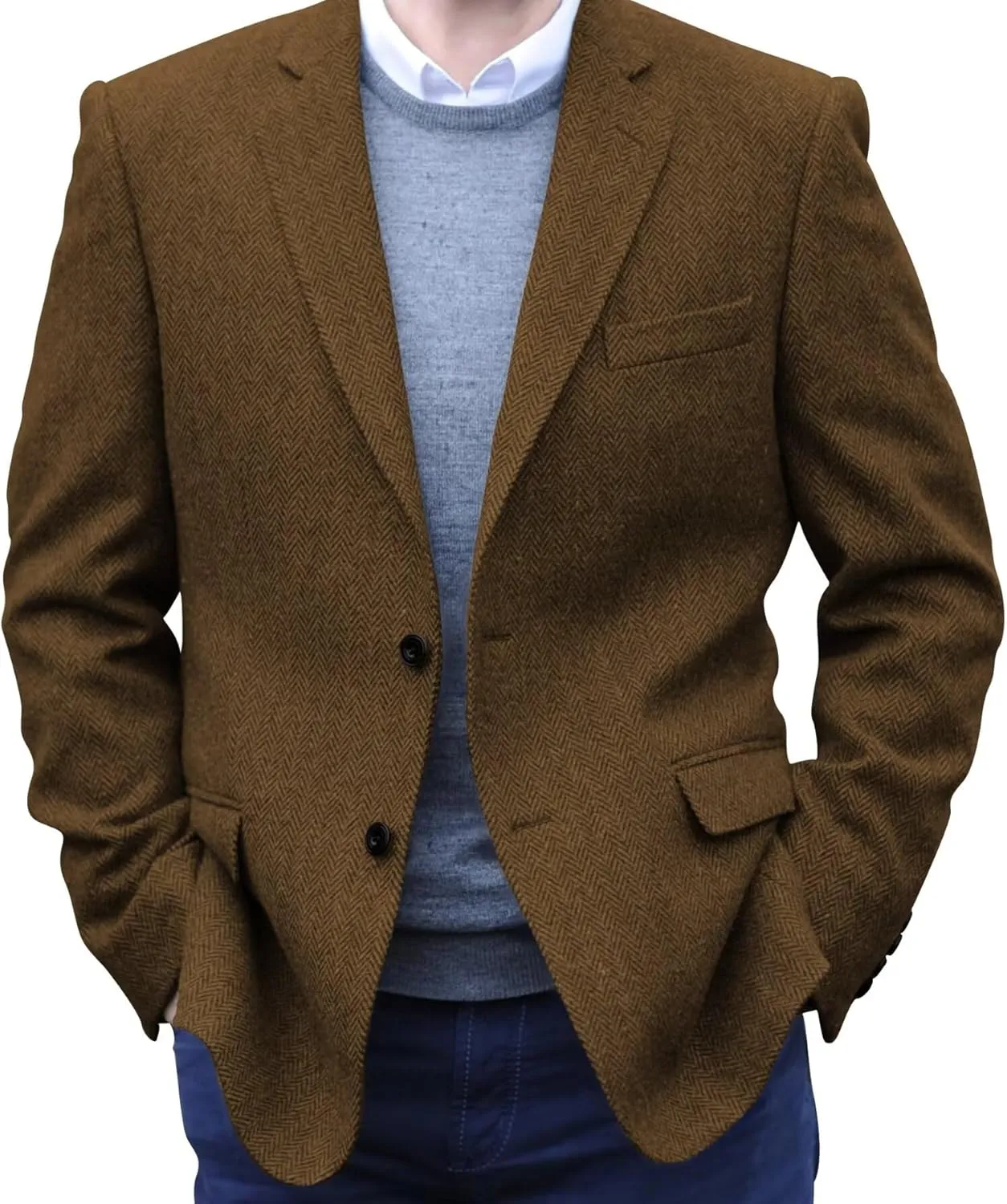 Men's Tweed Blazer Jacket 2 Button Lightweight Herringbone Casual Sport Coat Wedding Groomsmen Prom Jackets