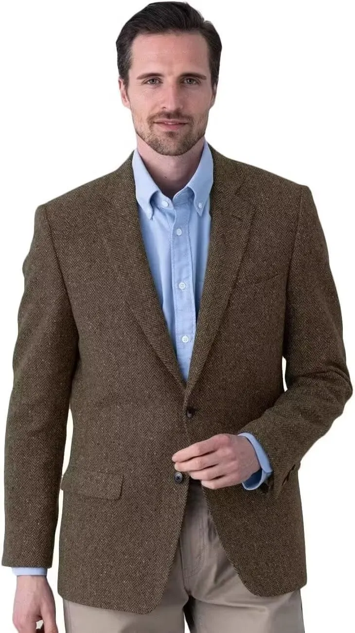 Men's Tweed Blazer Jacket 2 Button Lightweight Herringbone Casual Sport Coat Wedding Groomsmen Prom Jackets