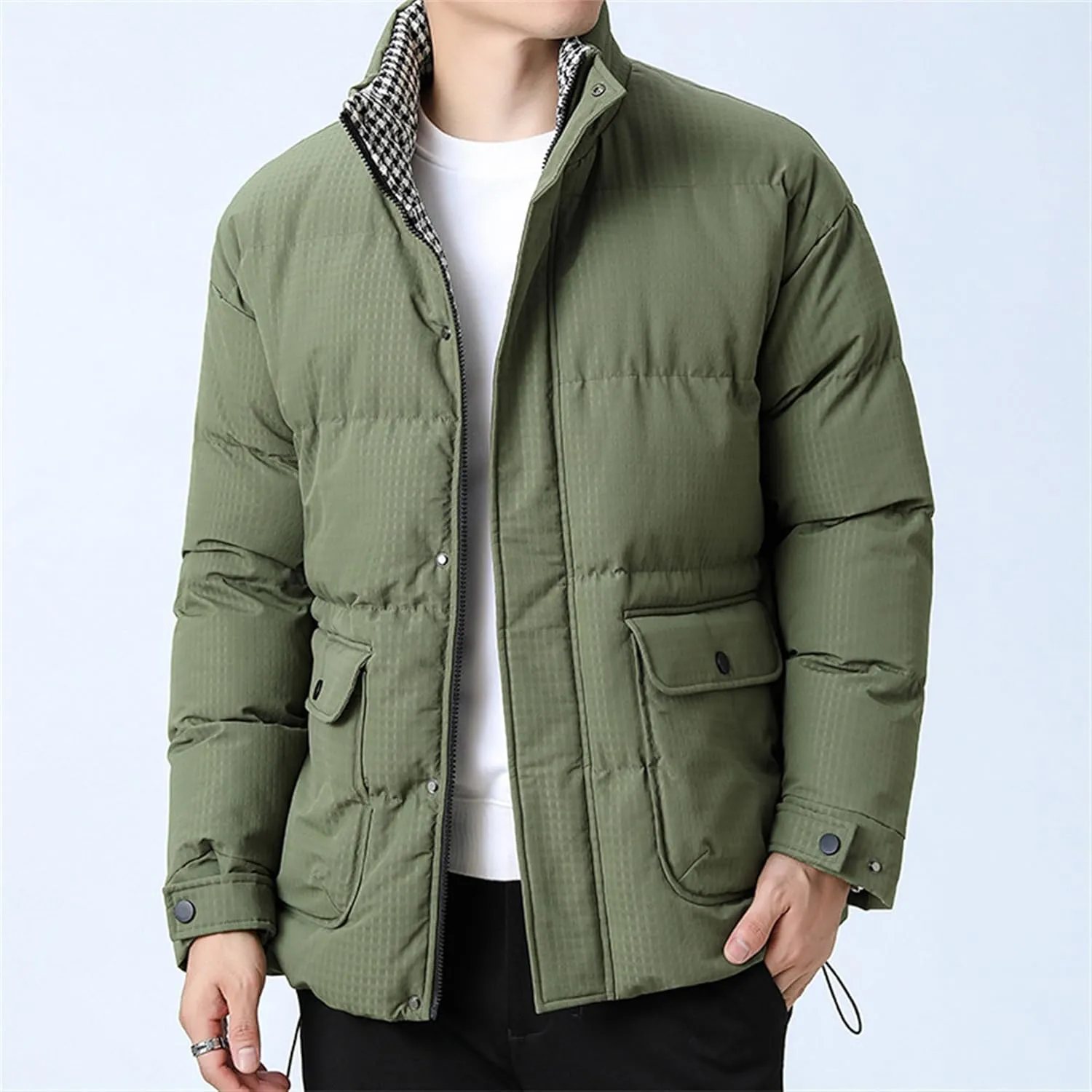 Men's Windproof Winter Puffer Coats Casual Stand Collar Cotton Outwear Full Zipper Bread Winter Padded Jacket