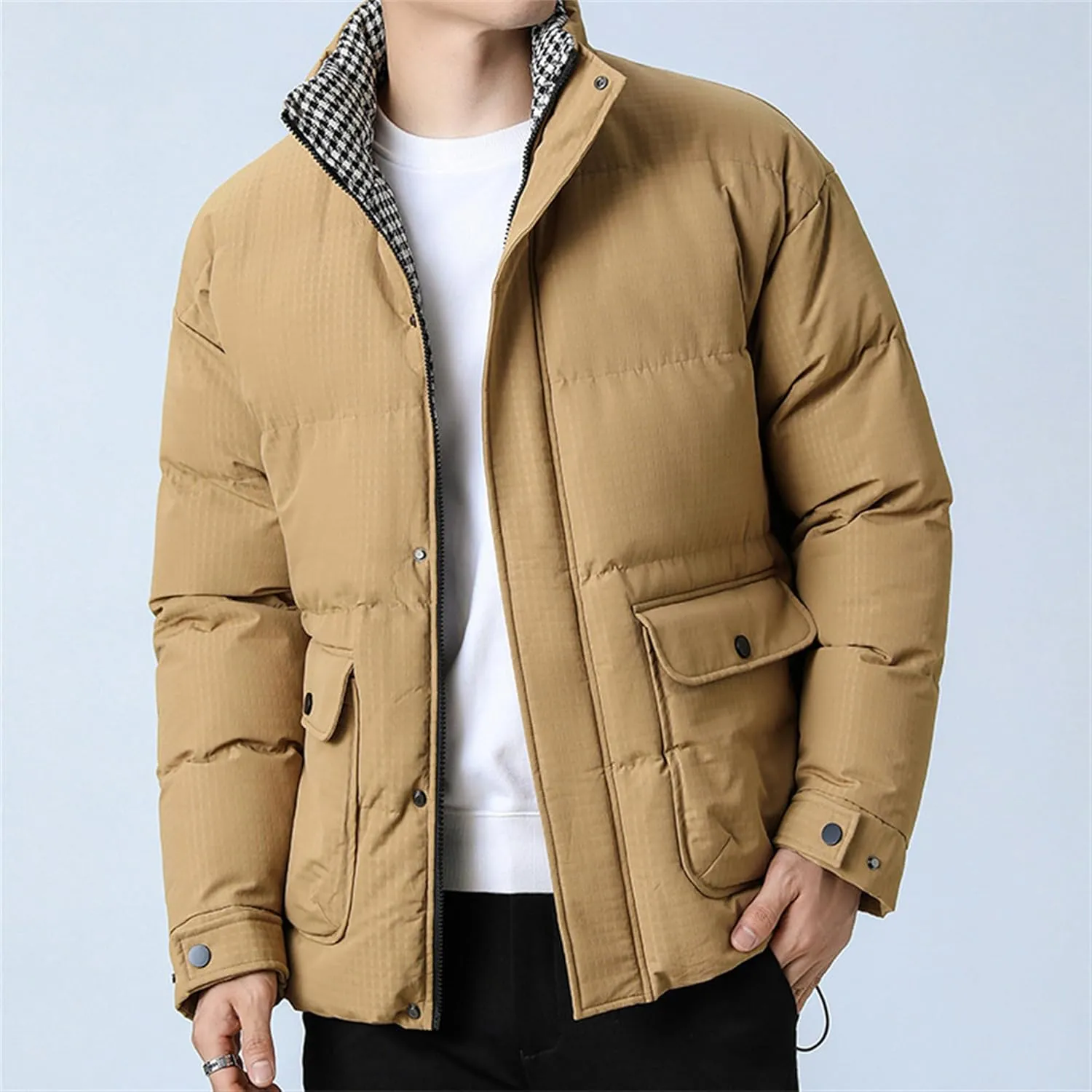 Men's Windproof Winter Puffer Coats Casual Stand Collar Cotton Outwear Full Zipper Bread Winter Padded Jacket