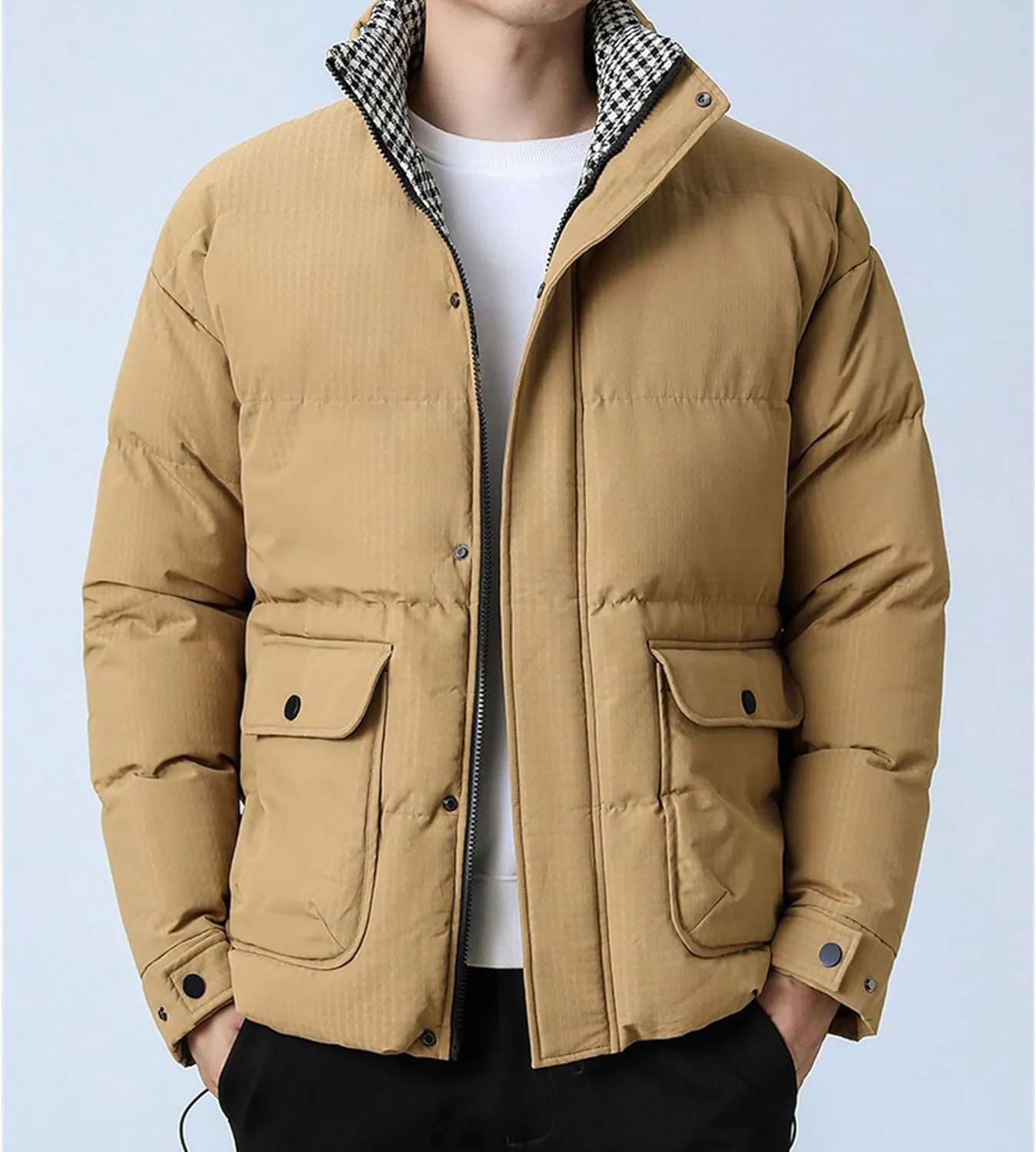 Men's Windproof Winter Puffer Coats Casual Stand Collar Cotton Outwear Full Zipper Bread Winter Padded Jacket
