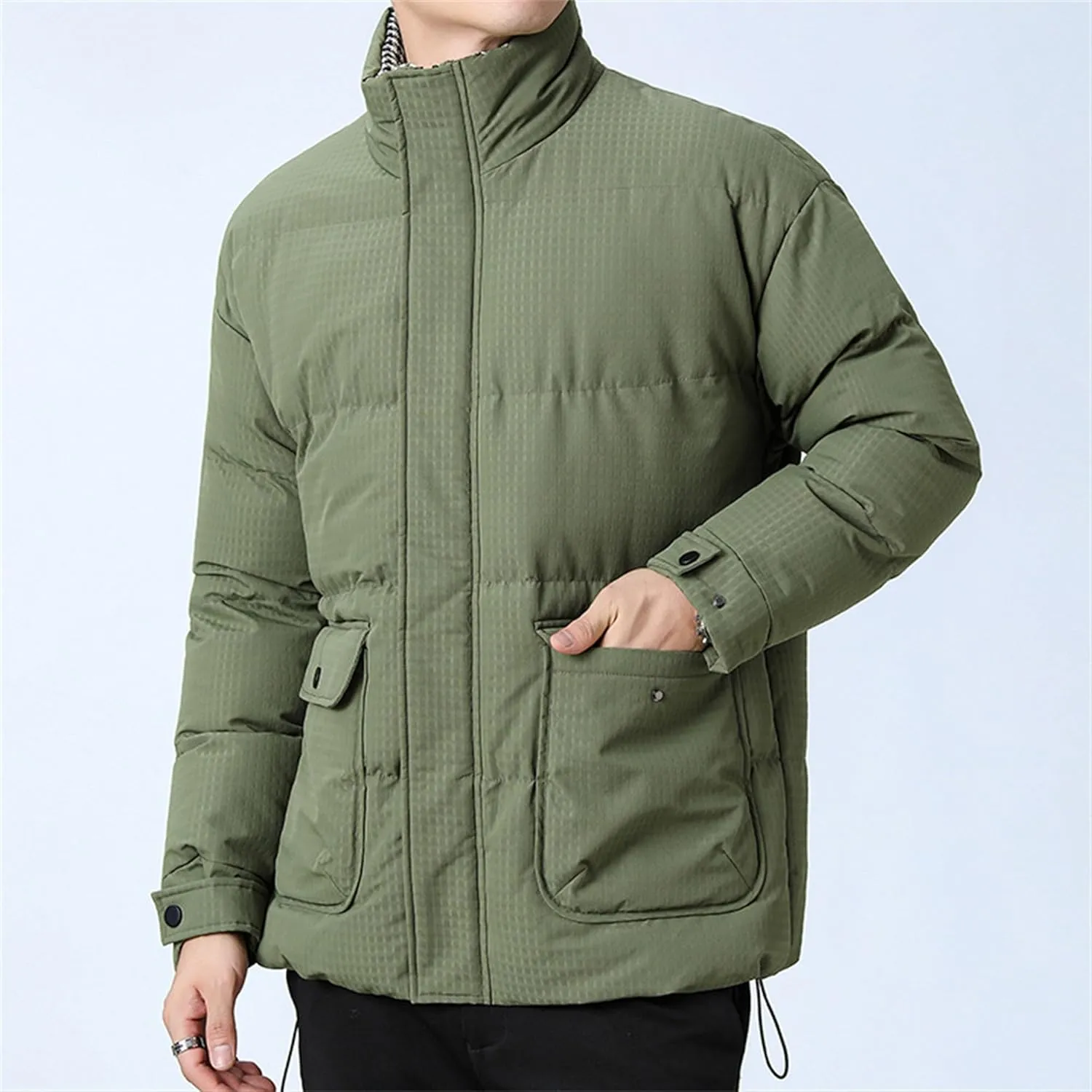 Men's Windproof Winter Puffer Coats Casual Stand Collar Cotton Outwear Full Zipper Bread Winter Padded Jacket