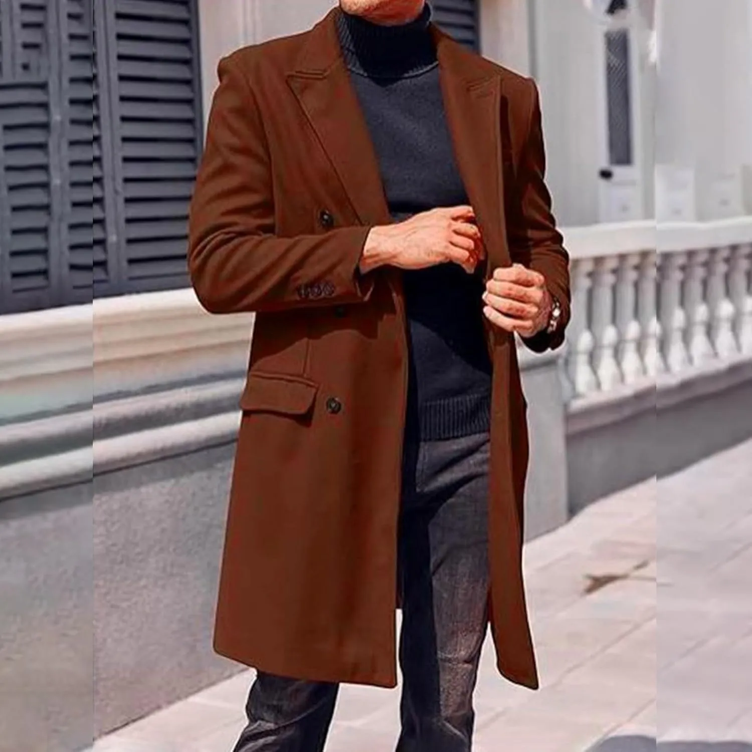 Men's Wool Blend Long Pea Coat Double Breasted Casual Warm Winter Trench Coat Overcoat with Pockets
