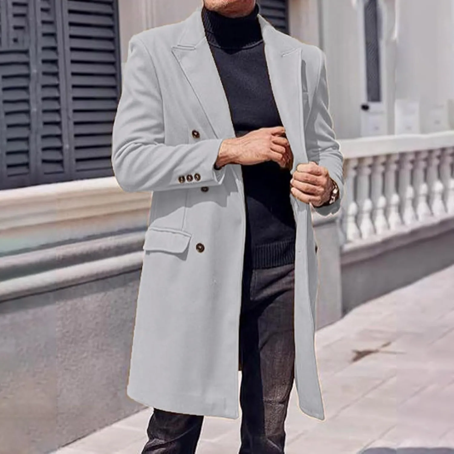 Men's Wool Blend Long Pea Coat Double Breasted Casual Warm Winter Trench Coat Overcoat with Pockets
