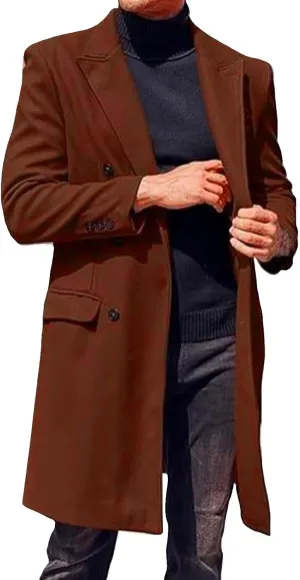 Men's Wool Blend Long Pea Coat Double Breasted Casual Warm Winter Trench Coat Overcoat with Pockets