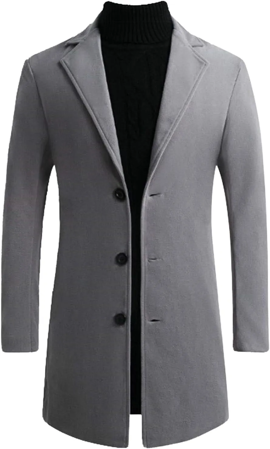 Mens Wool Blend Mid-Length Trench Coat Notched Collar Long Pea Coat Business Single Breasted Jacket Overcoat