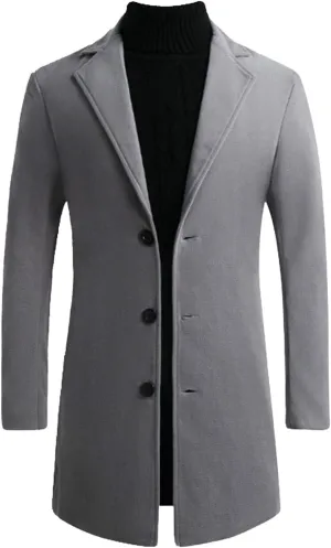 Mens Wool Blend Mid-Length Trench Coat Notched Collar Long Pea Coat Business Single Breasted Jacket Overcoat