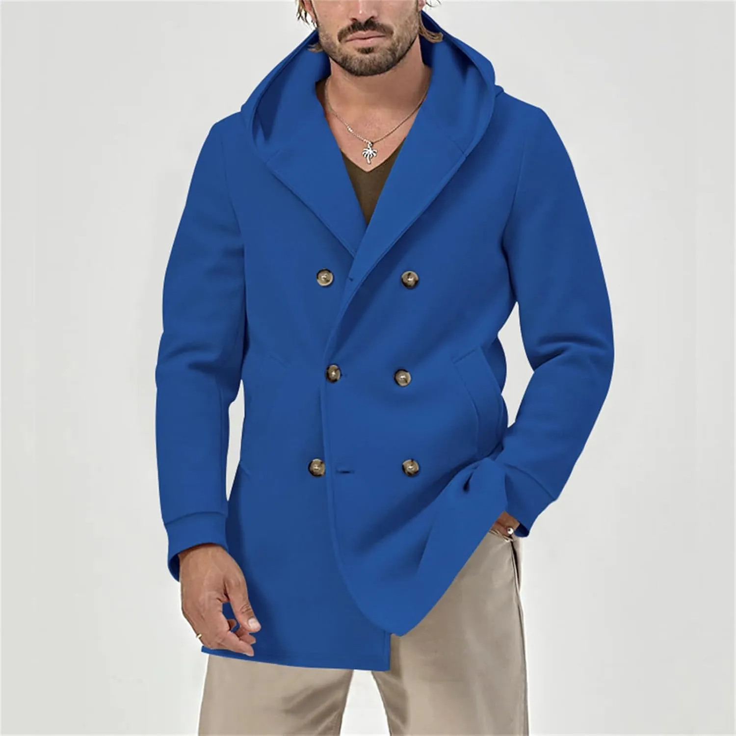 Men's Wool Blend Pea Coat Casual Trench Coat Hooded Collar Double Breasted Overcoat Slim Fit Mid Long Jacket for Spring