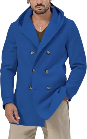 Men's Wool Blend Pea Coat Casual Trench Coat Hooded Collar Double Breasted Overcoat Slim Fit Mid Long Jacket for Spring