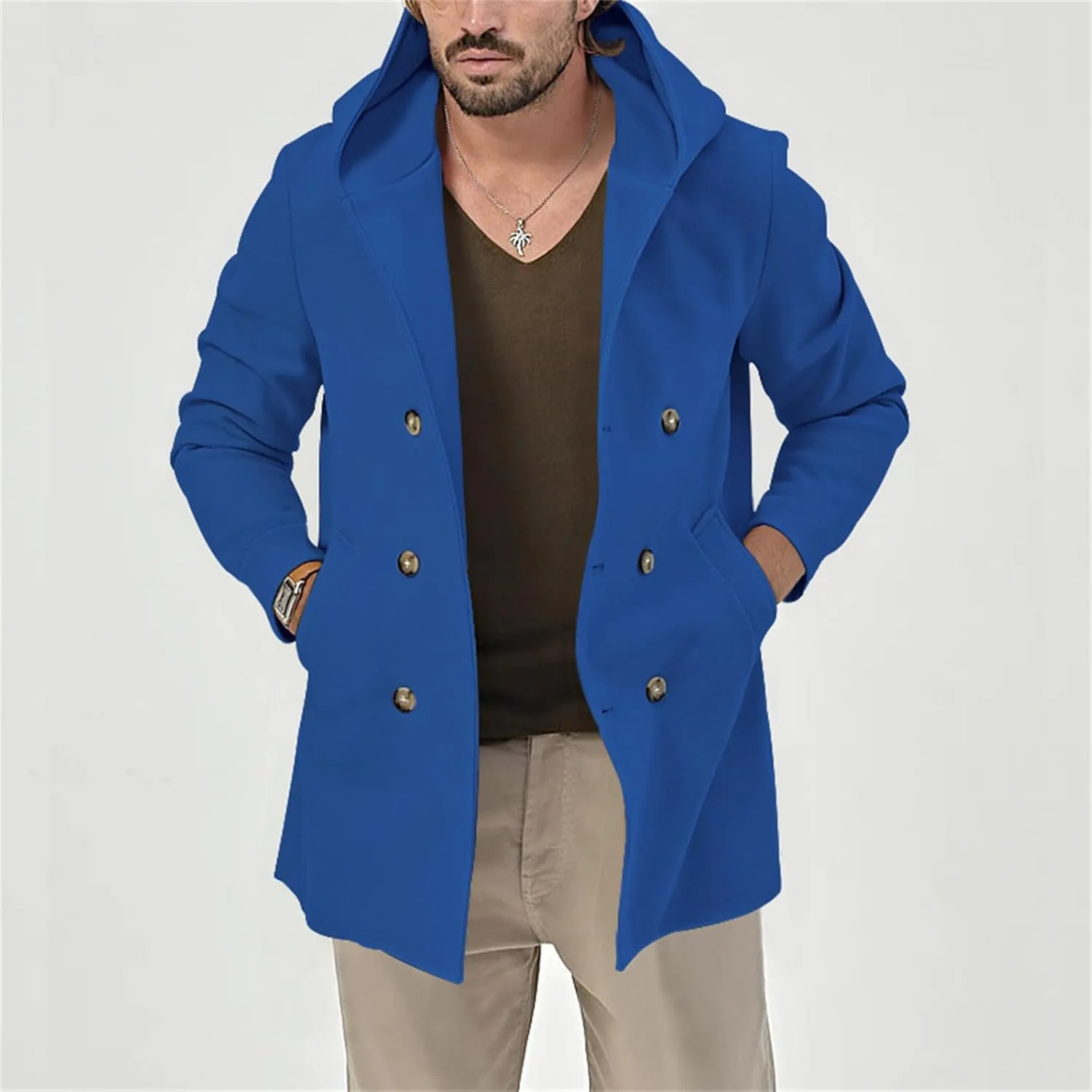 Men's Wool Blend Pea Coat Casual Trench Coat Hooded Collar Double Breasted Overcoat Slim Fit Mid Long Jacket for Spring