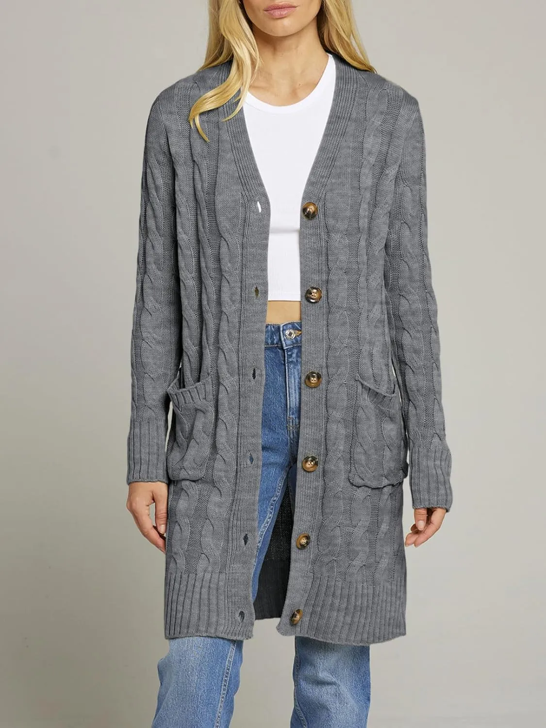 MEROKEETY Women's 2024 Long Sleeve Cable Knit Long Cardigan Open Front Button Sweater Outerwear