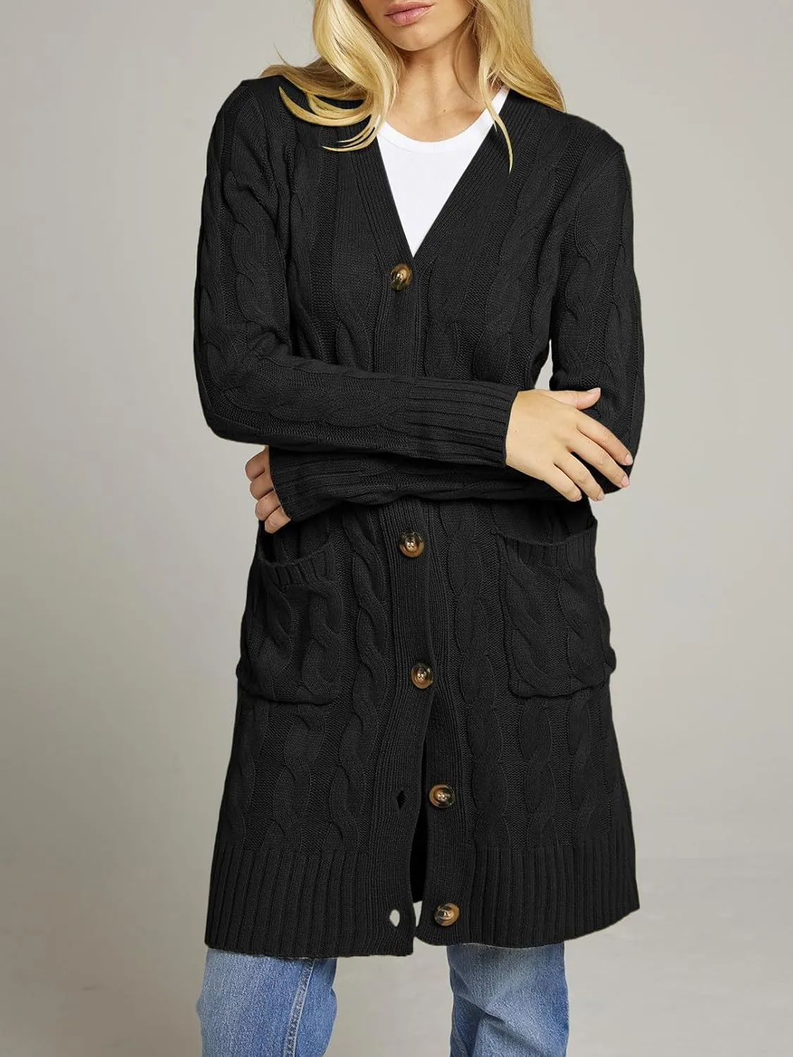 MEROKEETY Women's 2024 Long Sleeve Cable Knit Long Cardigan Open Front Button Sweater Outerwear
