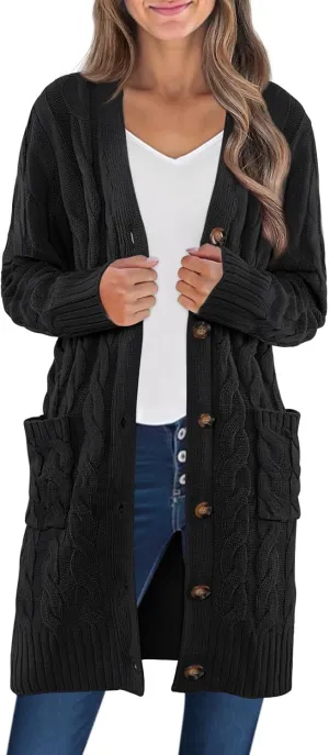 MEROKEETY Women's 2024 Long Sleeve Cable Knit Long Cardigan Open Front Button Sweater Outerwear