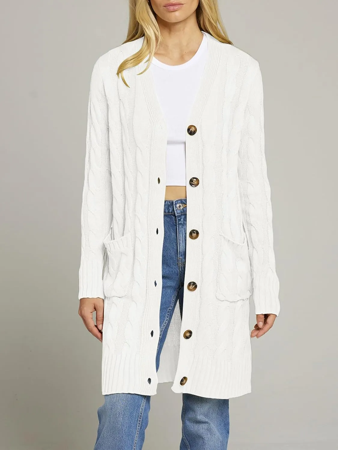 MEROKEETY Women's 2024 Long Sleeve Cable Knit Long Cardigan Open Front Button Sweater Outerwear