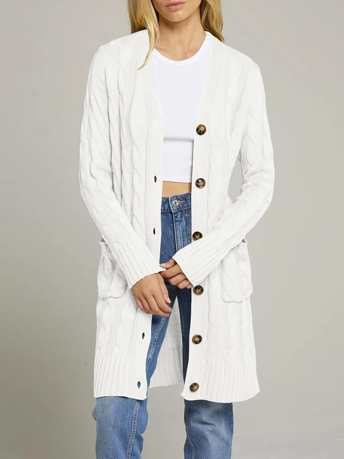 MEROKEETY Women's 2024 Long Sleeve Cable Knit Long Cardigan Open Front Button Sweater Outerwear
