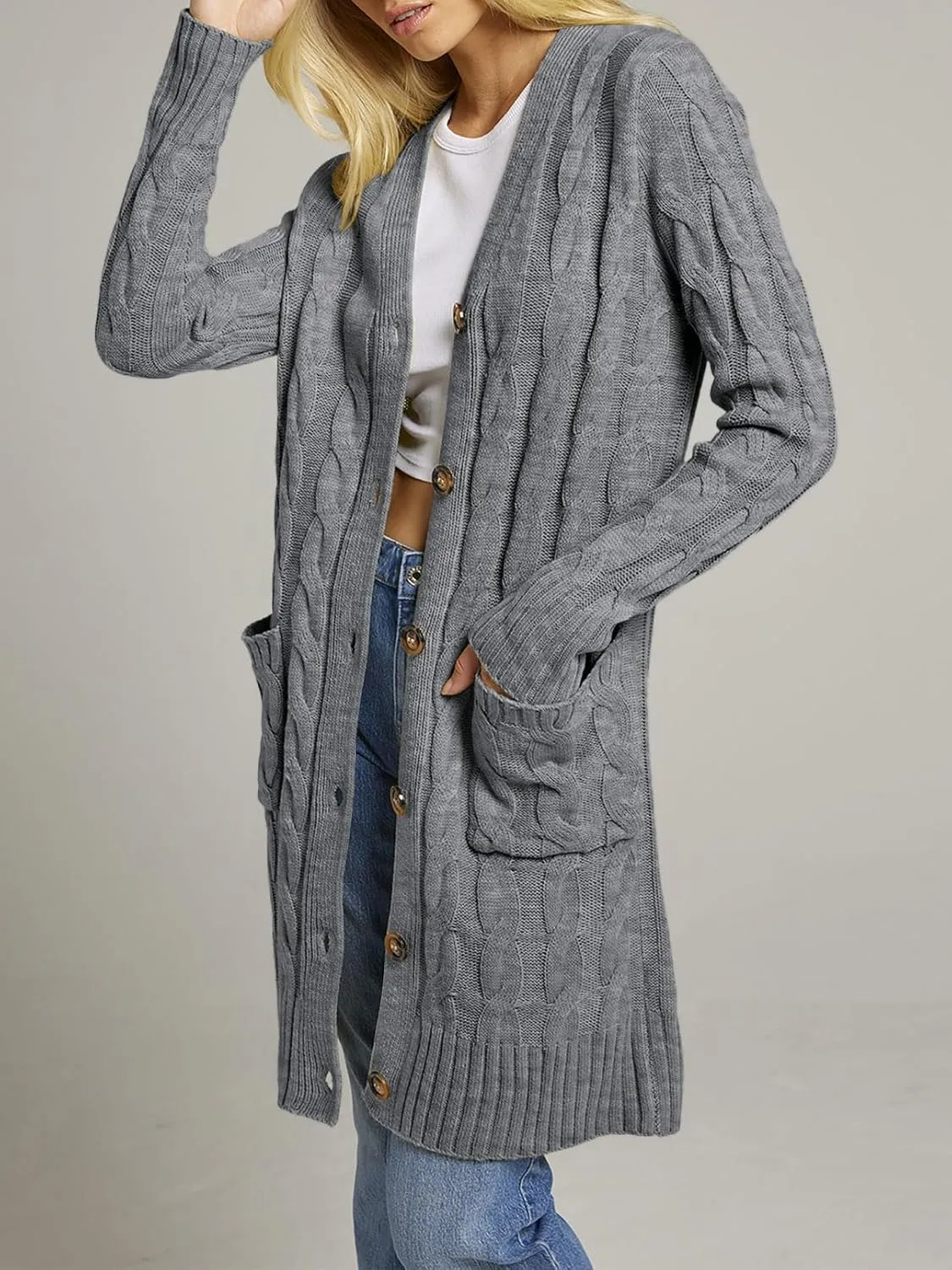 MEROKEETY Women's 2024 Long Sleeve Cable Knit Long Cardigan Open Front Button Sweater Outerwear
