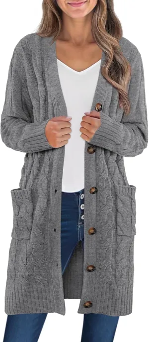 MEROKEETY Women's 2024 Long Sleeve Cable Knit Long Cardigan Open Front Button Sweater Outerwear