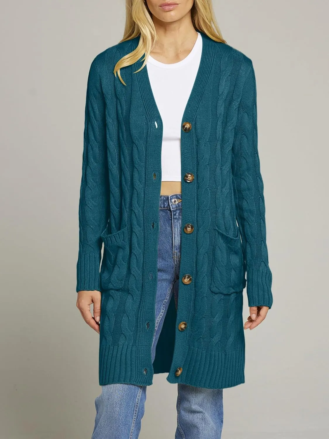 MEROKEETY Women's 2024 Long Sleeve Cable Knit Long Cardigan Open Front Button Sweater Outerwear