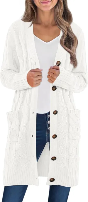 MEROKEETY Women's 2024 Long Sleeve Cable Knit Long Cardigan Open Front Button Sweater Outerwear