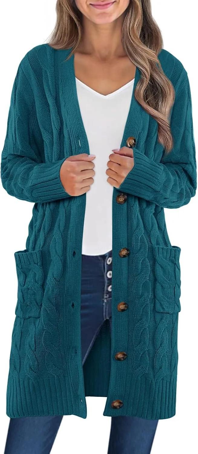 MEROKEETY Women's 2024 Long Sleeve Cable Knit Long Cardigan Open Front Button Sweater Outerwear