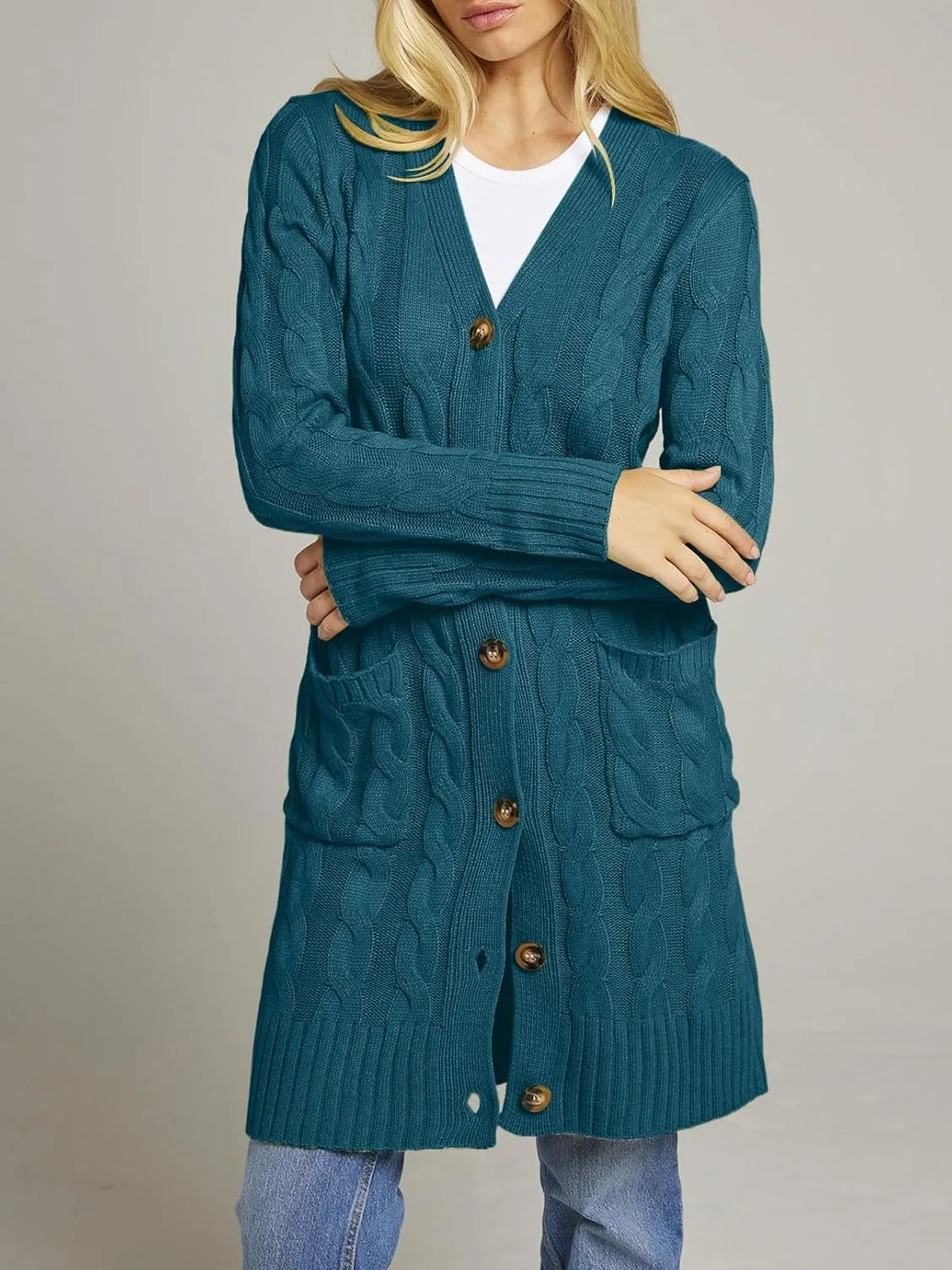 MEROKEETY Women's 2024 Long Sleeve Cable Knit Long Cardigan Open Front Button Sweater Outerwear