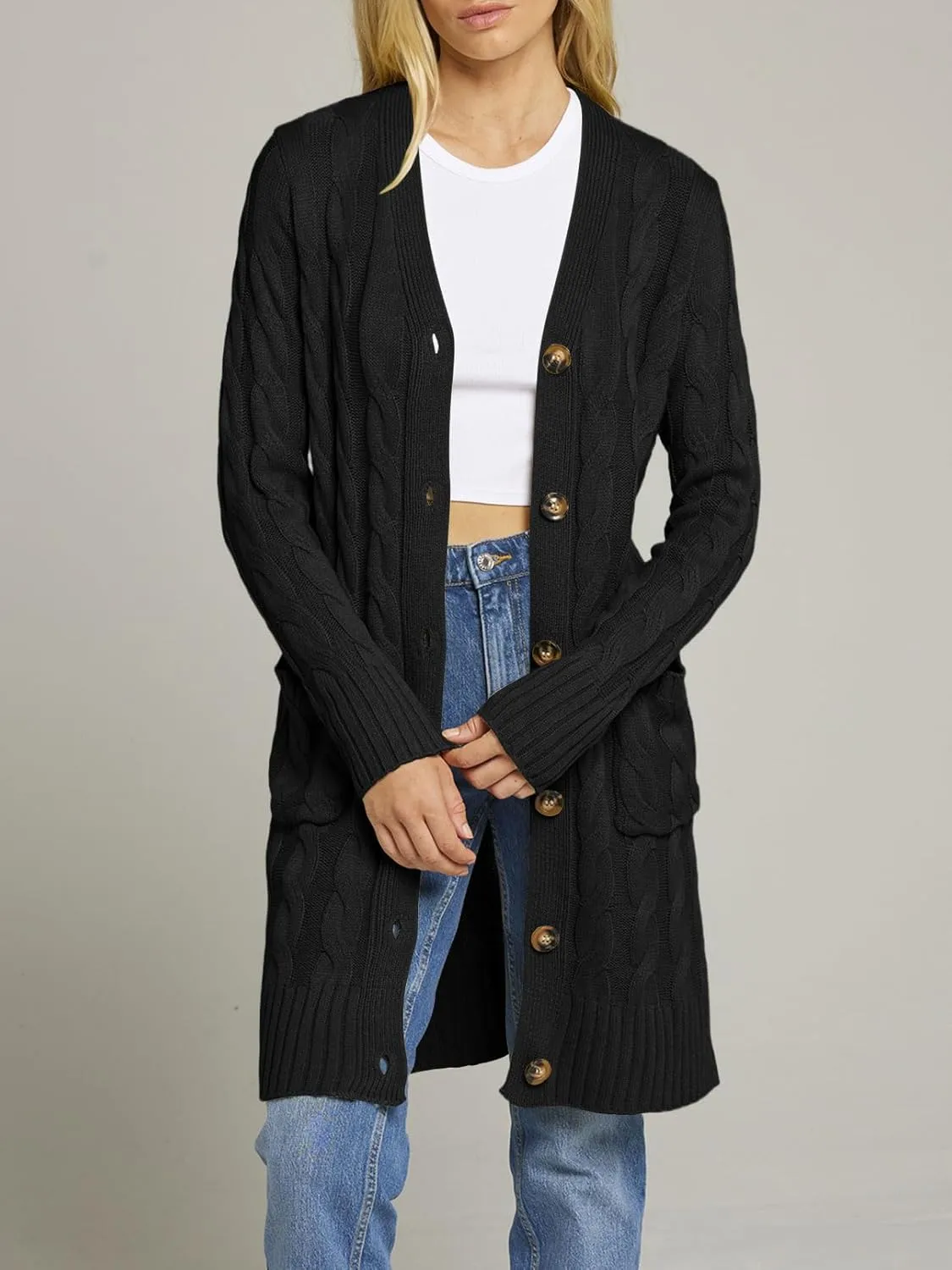 MEROKEETY Women's 2024 Long Sleeve Cable Knit Long Cardigan Open Front Button Sweater Outerwear