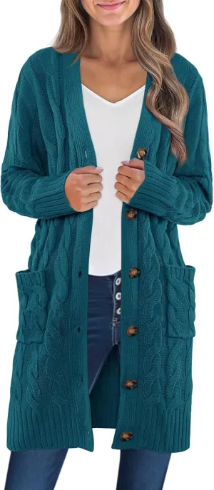 MEROKEETY Women's 2024 Long Sleeve Cable Knit Long Cardigan Open Front Button Sweater Outerwear