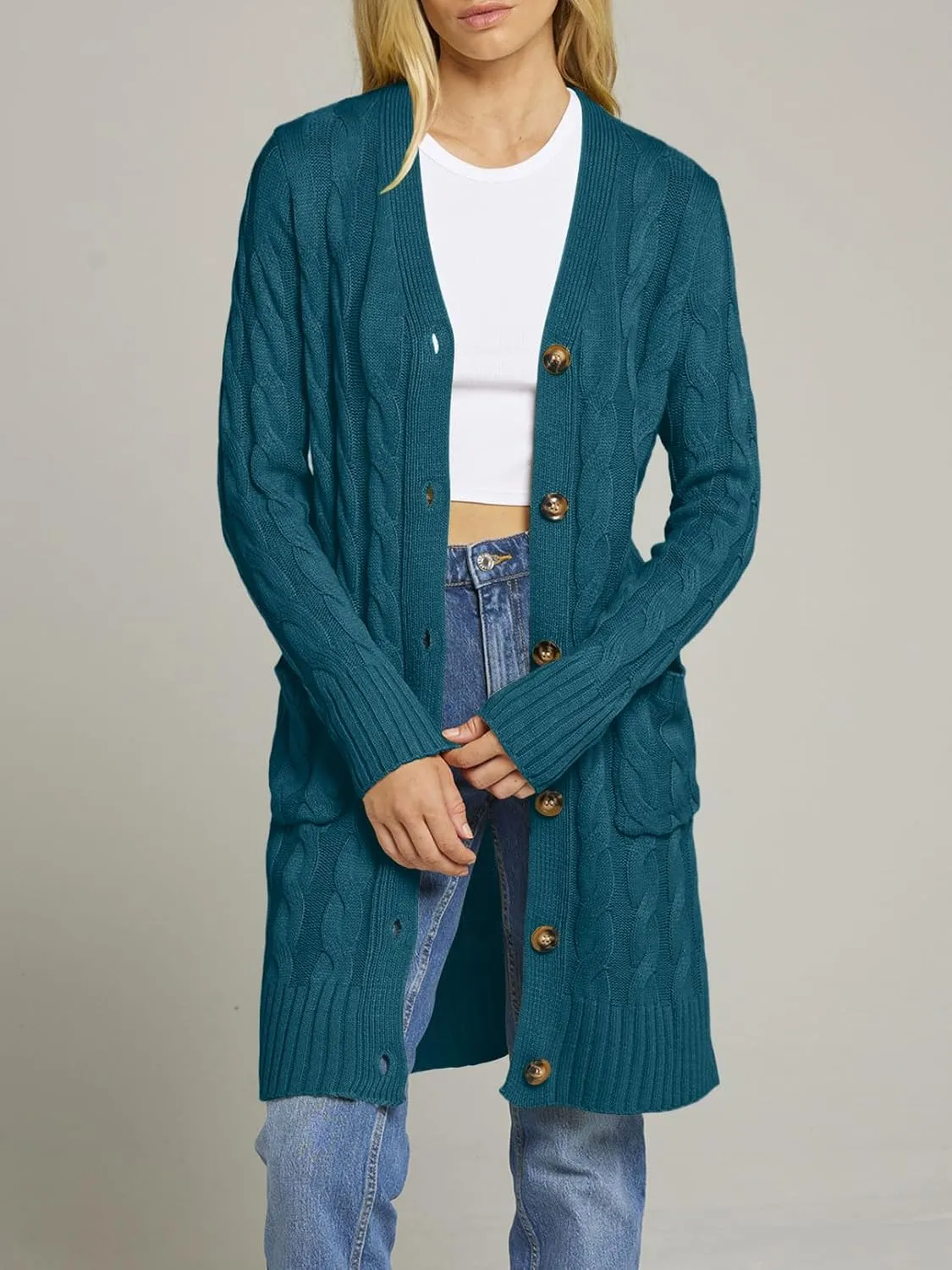 MEROKEETY Women's 2024 Long Sleeve Cable Knit Long Cardigan Open Front Button Sweater Outerwear